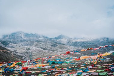 Zheduo Dağı Geçidi 'nde Renkli Fengma Banner, Ganzi Bölgesi, Sichuan, Çin