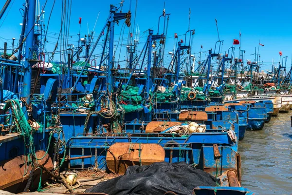 Balıkçı tekneleri Weihai, Shandong 'daki Yuanyao balıkçı limanına yanaştı.