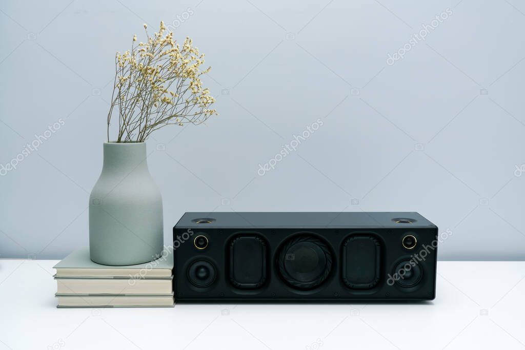 Bluetooth speaker and vase on white desktop.