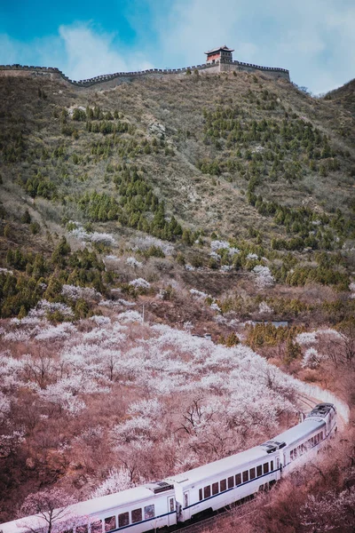 Chinese high-speed train crosses the Juyongguan Great Wall in Beijing.China Train Crosses Beijing\'s Juyong Mountain.
