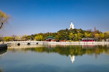 Beyaz Pagoda ve Beihai Park, Pekin, Çin 'de göl suyu. Pekin 'deki Beihai Park Gölü' ndeki Qionghua adası..