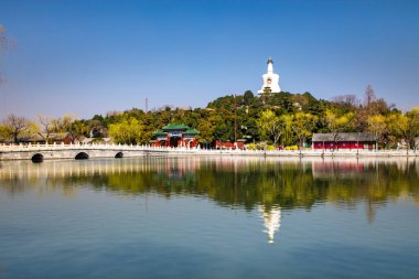 Beyaz Pagoda ve Beihai Park, Pekin, Çin 'de göl suyu. Pekin 'deki Beihai Park Gölü' ndeki Qionghua adası..