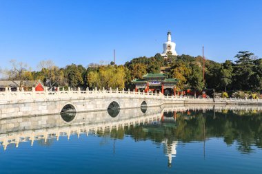 Beyaz Pagoda ve Beihai Park, Pekin, Çin 'de göl suyu. Pekin 'deki Beihai Park Gölü' ndeki Qionghua adası..