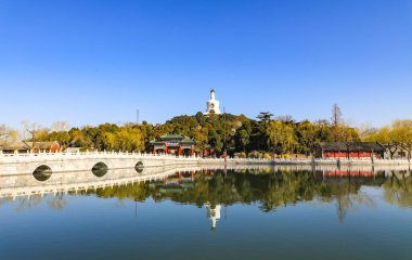 Beyaz Pagoda ve Beihai Park, Pekin, Çin 'de göl suyu. Pekin 'deki Beihai Park Gölü' ndeki Qionghua adası..