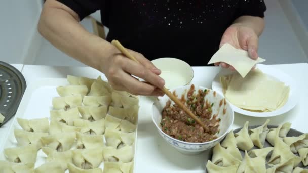 Una Dama Envuelve Wontons Delante Mesa Blanca — Vídeos de Stock