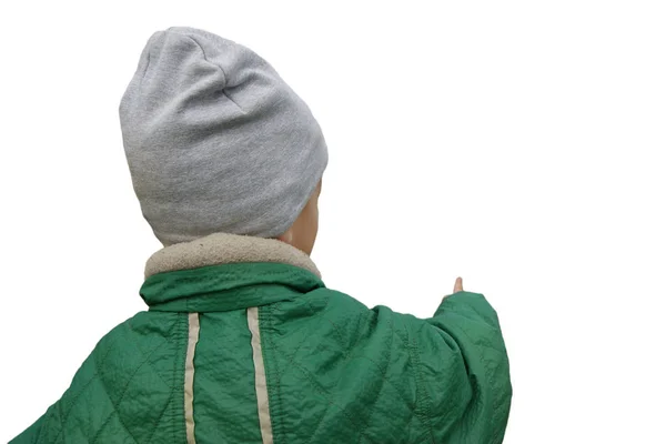 Μικρό Αγόρι Ένα Γκρίζο Καπέλο Και Πράσινο Μπουφάν Δείχνει Ένα — Φωτογραφία Αρχείου