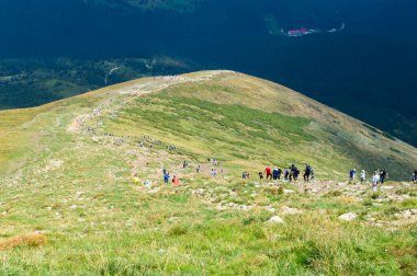 Ukrayna 'nın en yüksek Karpat dağı Hoverla' ya giden yol, 20 Ağustos 2018 'de Ukrayna' nın Karpat Dağları 'nda bulutlu bir yaz günü..