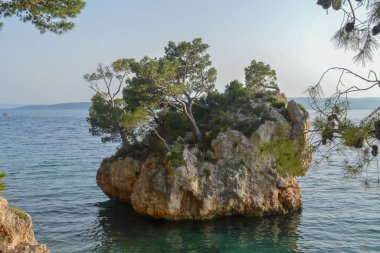Hırvatistan 'ın Brela tatil beldesindeki Adriyatik Denizi plajı. Hırvatistan 'ın Dalmaçya kenti Makarska Riviera' nın Brela tatil beldesindeki Punta Rata plajındaki ada