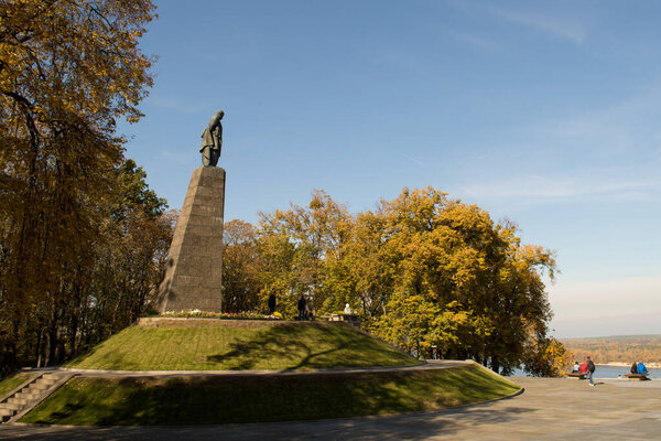 KANIV, UKRAINE - OCTOBER 14: Taras Shevchenko monument on Taras Hill or Chernecha Hora in Kaniv, Ukraine on October 14, 2018. 