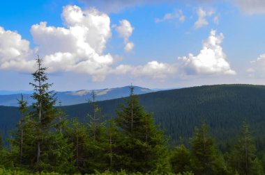 Hoverla 'ya giden panoramik manzara, Karpatya dağları, Ukrayna. Yatay açık hava çekimi