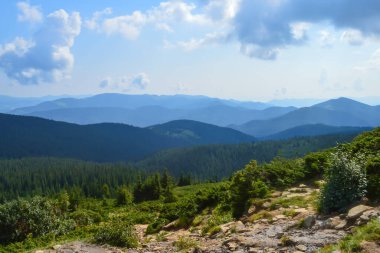 Hoverla 'ya giden panoramik manzara, Karpatya dağları, Ukrayna. Yatay açık hava çekimi