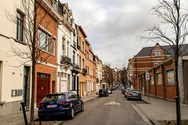 BRUSSELS, BELGIUM - JANUARY 3, 2019: Typical Belgium houses, walking Etterbeek district in Brussels on January 3, 2019.