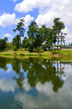 KYIV, UKRAINE - 15 Temmuz 2018: Feofania Park 'taki göl, Ukrayna' nın başkenti Kyiv 'de güneşli yaz manzarası, 15 Temmuz 2018. 