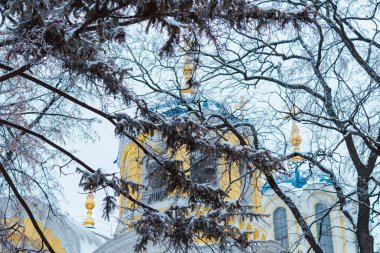 KYIV, UKRAINE - 28 Ocak 2019: Ukrayna 'nın başkenti Kyiv' de bulutlu bir kış gününde St Volodymyr Katedrali. 