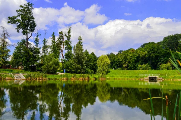 Kyiv Ucraina Luglio 2018 Lago Nel Parco Feofania Soleggiato Paesaggio — Foto Stock