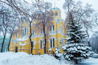 KYIV, UKRAINE - 28 Ocak 2019: Ukrayna 'nın başkenti Kyiv' de bulutlu bir kış gününde St Volodymyr Katedrali. 