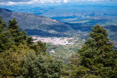 Yunquera 'nın panoramik manzarası ve Puerto Saucillo' dan uzanan çam ormanı manzarası, Sierra de las Nieves Ulusal Parkı, Endülüs, İspanya
