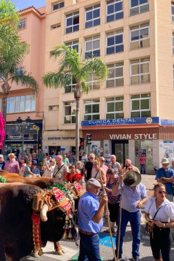 TORREMOLINOS, SPAIN - 21 Eylül 2025: İspanya 'nın Torremolinos kentindeki festivalden önceki Pazar günü geleneksel San Miguel haccını renkli arabalarla, müzikle ve Endülüs festivalinde giyilen insanlarla kutlamak.