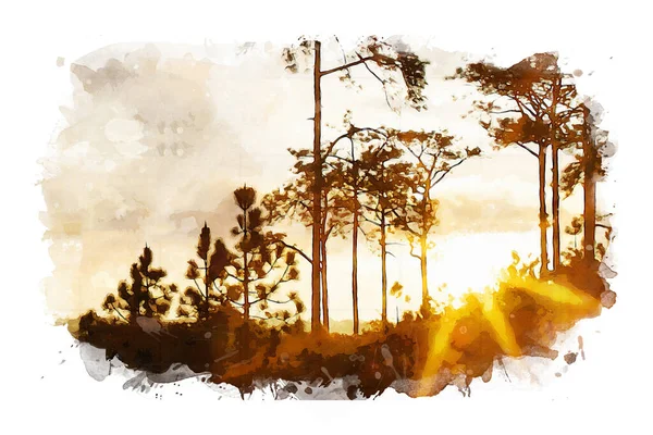 Východ Slunce Jezerem Lesem Smíšená Mediální Image Akvarelu Fotografie — Stock fotografie