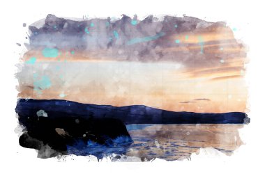 Sabah görüntüsünde rengarenk gökyüzü olan dağ sırası, fotoğrafın ve suluboya resmin karışık medya görüntüsü