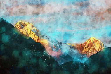 Dağların soyut resimleri, doğa manzarası resmi, dijital suluboya çizimi, arka plan sanatı