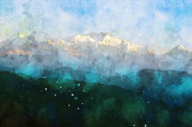 Dağların soyut resimleri, doğa manzarası resmi, dijital suluboya çizimi, arka plan sanatı