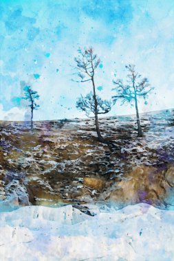 Uçurumdaki ağaçların soyut resimleri, tabiat resmi, dijital suluboya çizimi, arka plan sanatı.