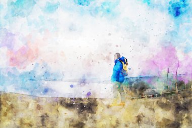 Uçurumdaki insanın soyut resmi, doğa manzarası resmi, dijital suluboya çizimi, arka plan sanatı.