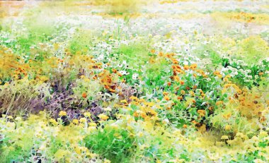 Bahar mevsiminde çiçeklerin soyut resmi, doğa manzarası resmi, dijital suluboya çizimi, arka plan sanatı