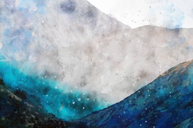 Göl ve dağın soyut resmi, doğa manzarası resmi, dijital suluboya illüstrasyon, arka plan sanatı