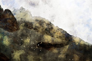 Dağların soyut resimleri, doğa manzarası resmi, dijital suluboya çizimi, arka plan sanatı