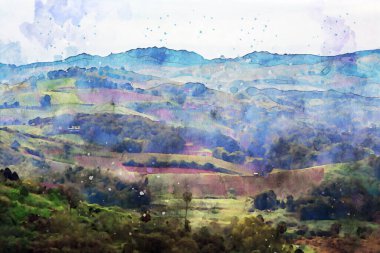 Tepede sabah ışığı, dijital suluboya resimli tarım arazisi, arka plan sanatı