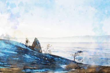 Göl ve dağın soyut resmi, doğa manzarası resmi, dijital suluboya illüstrasyon, arka plan sanatı