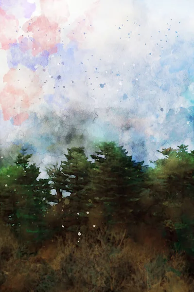 Absztrakt Festészet Fenyők Erdőben Természet Táj Kép Digitális Akvarell Illusztráció — Stock Fotó