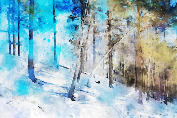 Abstract painting of pine trees in forest, nature landscape image, digital watercolor illustration, art for background