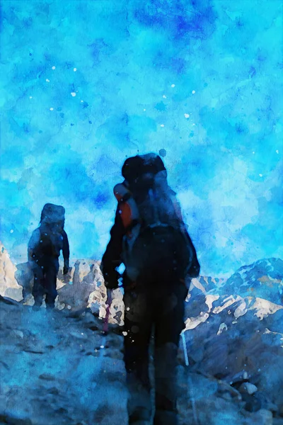 山の上のソロトレッカーの抽象画 デジタル水彩画 背景のためのアート — ストック写真