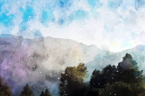 Абстрактне Розфарбування Дерев Горами Зображення Ландшафту Природи Цифрова Акварельна Ілюстрація — стокове фото