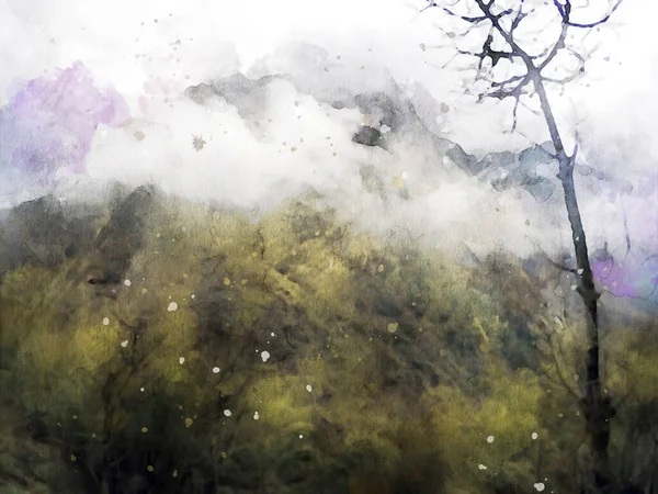 Pintura Abstrata Árvore Montanha Imagem Paisagem Natureza Ilustração Aquarela Digital — Fotografia de Stock