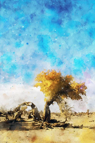 秋の木々の抽象画 秋の風景画の自然 デジタル水彩画イラスト 背景画 — ストック写真