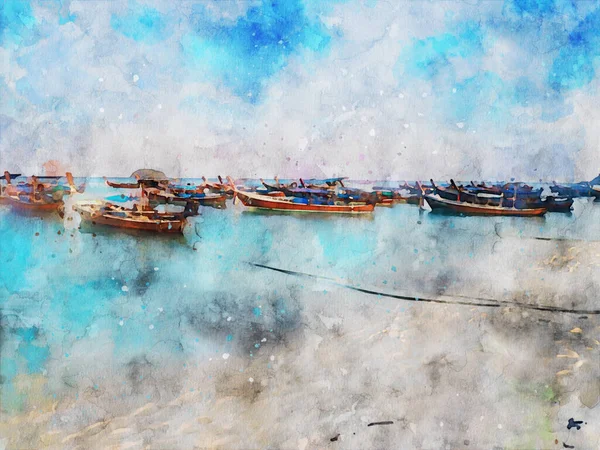 Abstraktní Malba Lodí Pláži Příroda Krajina Obraz Digitální Akvarel Ilustrace — Stock fotografie