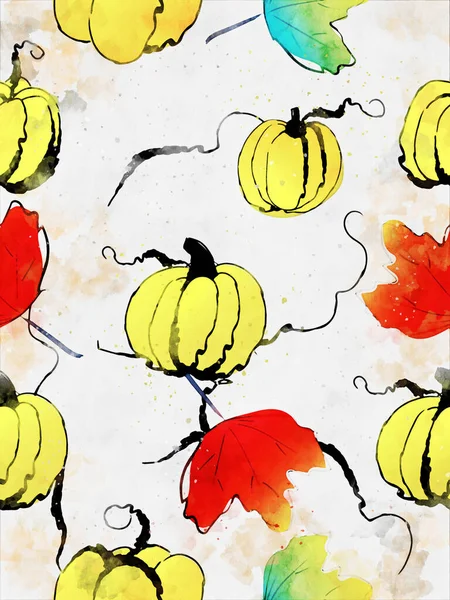 Pumpkins Leaves Autumn Fall Season Illustration Digital Watercolor Painting — Stock Photo, Image