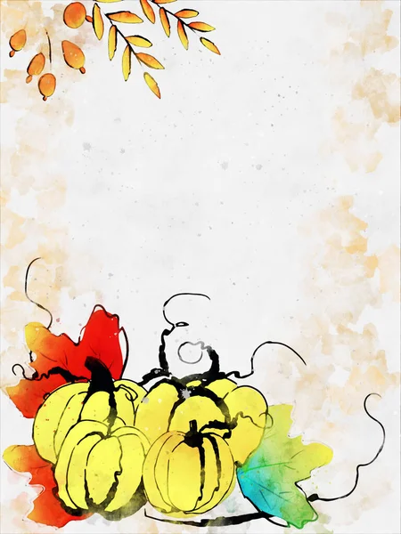 Doodle Tekening Afbeelding Van Pompoenen Illustratie Voor Herfst Digitale Aquarel — Stockfoto