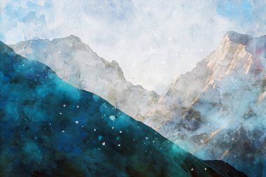 Dağların soyut resimleri, doğa manzarası resmi, dijital suluboya çizimi, duvar sanatı