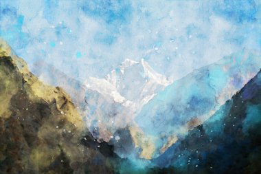 Dağların soyut resimleri, doğa manzarası resmi, dijital suluboya çizimi, duvar sanatı