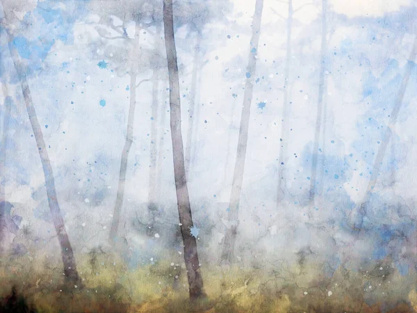 Cyfrowe Malarstwo Akwarelowe Drzew Mgłą Rano Obraz Krajobrazu — Zdjęcie stockowe