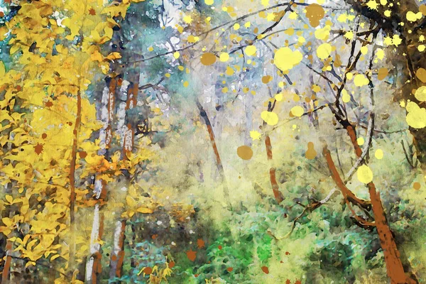 Trees Autumn Yellow Leaves Fall Season Image Digital Watercolor Painting — Stock Photo, Image