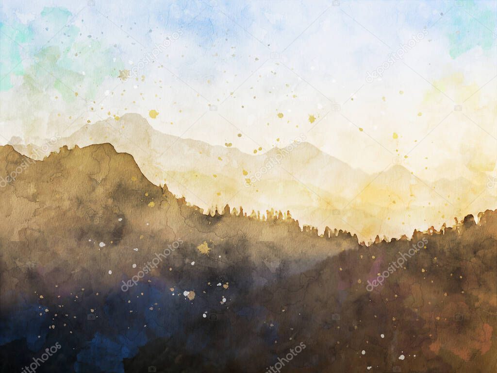 Digital watercolor painting of mountain in the morning, fall season landscape image