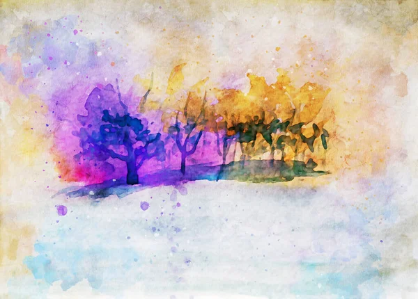 Semi Pintura Aquarela Abstrata Paisagem Outono Árvores Com Folhas Coloridas — Fotografia de Stock