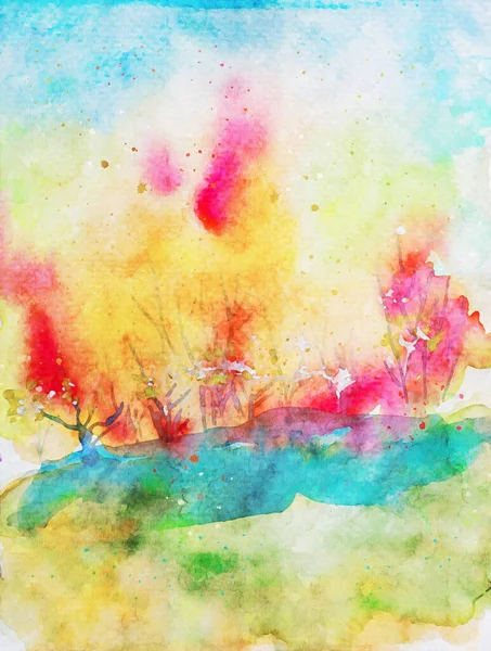 Peinture Aquarelle Semi Abstraite Paysage Automne Arbres Avec Des Feuilles — Photo