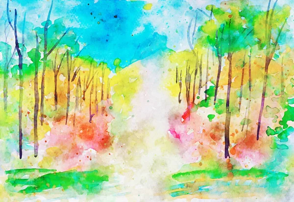 Sonbahar manzarasının suluboya resimleri, sonbahar mevsiminde renkli yaprakları olan tepedeki ağaçlar. 